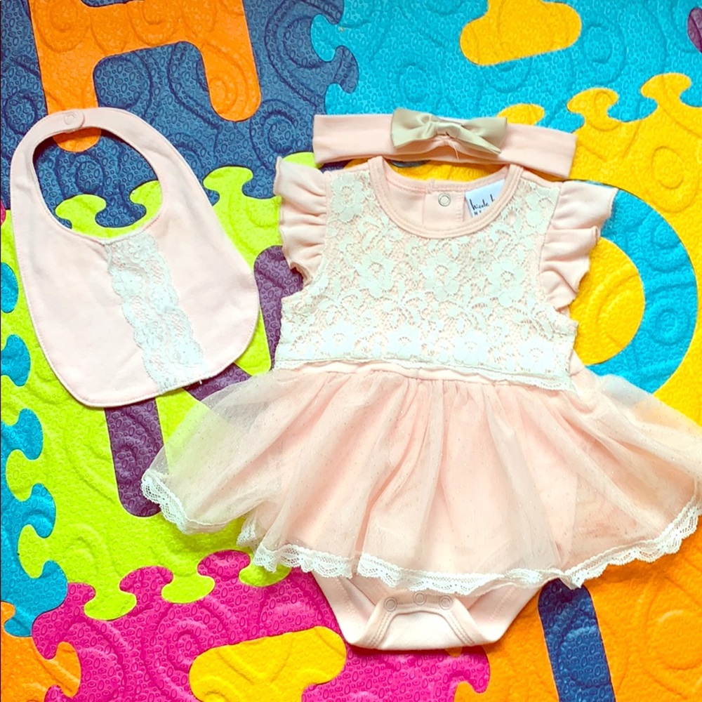 Peach Dress , headband ,Bib